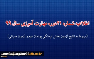 اطلاعیه شماره 21 دوره مهارت آموزی حوزه فرهنگی و اجتماعی سال 99 (مربوط به نتایج آزمون بخش فرهنگی پودمان دوم و آزمون جبرانی)