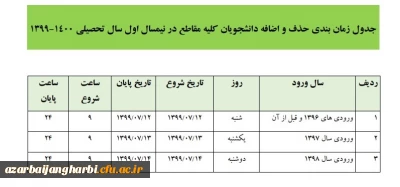 جدول زمان بندی حذف و اضافه دانشجویان کلیه مقاطع در نیمسال اول سال تحصیلی 1400-1399