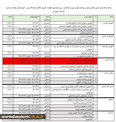 اصلاحیه برنامه زمانبندی آزمون پایانی دروس پودمان اول و دروس فرهنگی سری دوم دوره مهارت آموزی معلمان حق التدریس ، آموزشیاران نهضت و خرید خدمات آموزشی